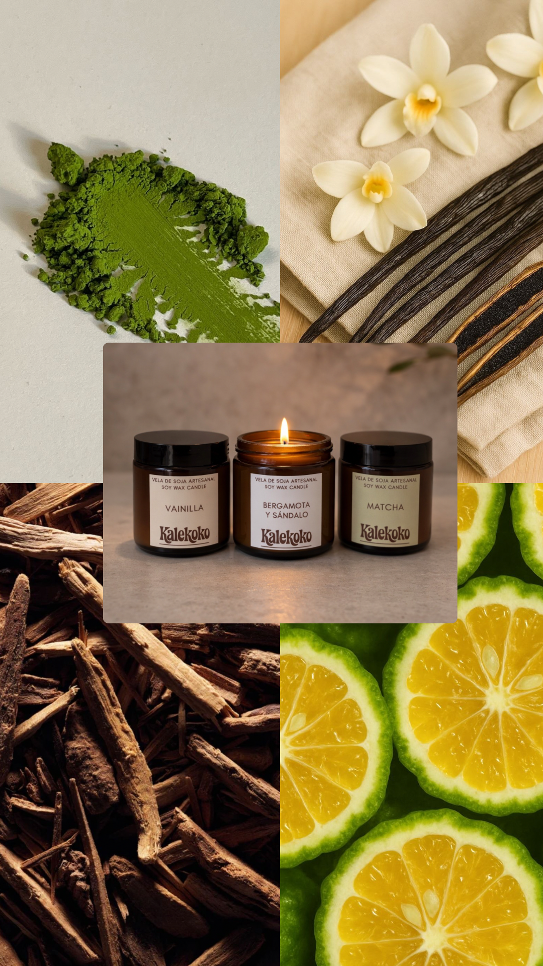 Colección Origen | Matcha, Vainilla y Bergamota & Sándalo | Set de 3 velas aromáticas.