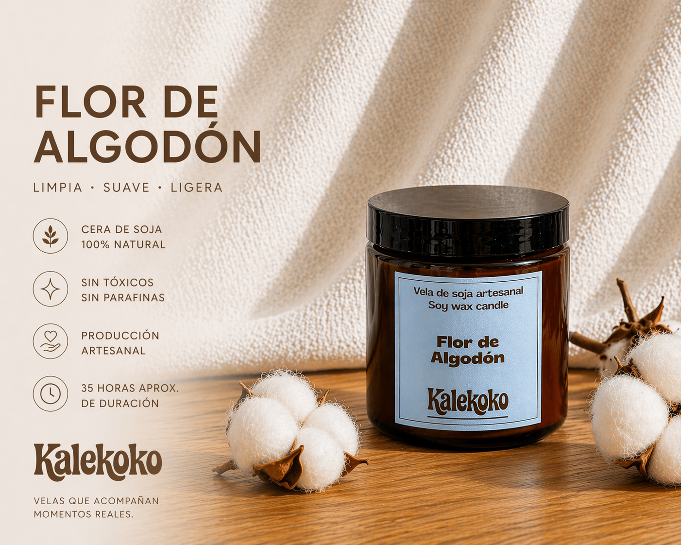 Vela de soja aroma flor de algodón | hecha a mano con cera de soja 100% natural | Kalekoko - Imagen 5