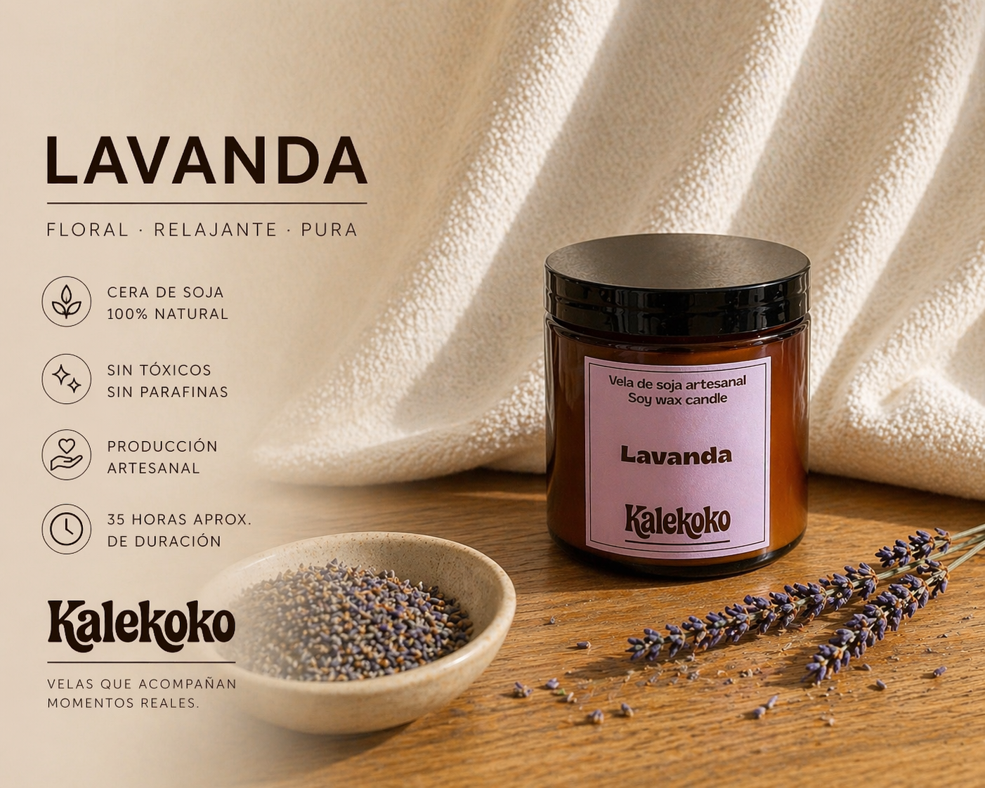 Vela de soja aroma lavanda | hecha a mano con cera de soja 100% natural | Kalekoko - Imagen 5
