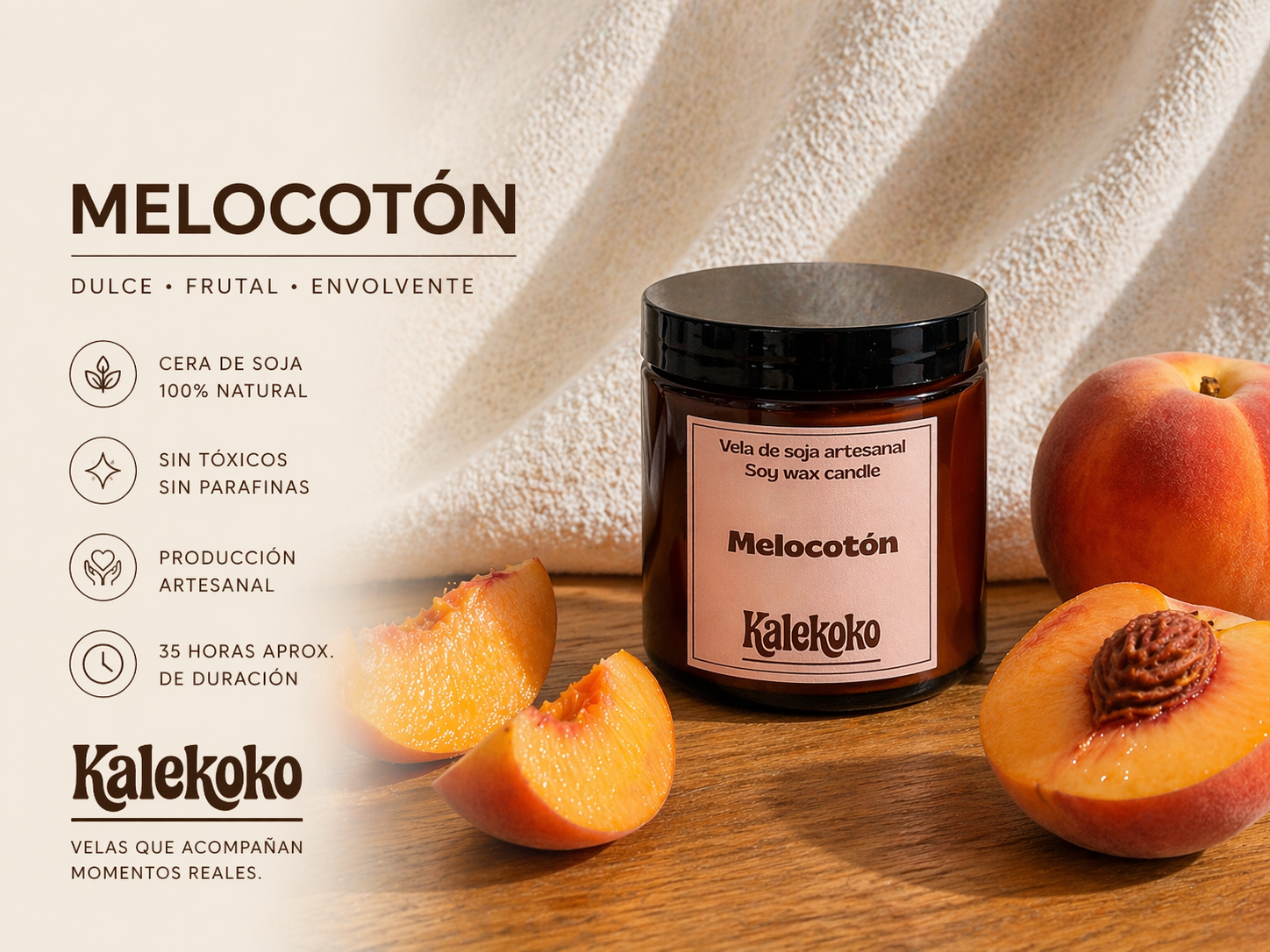 Vela de soja aroma melocotón | hecha a mano con cera de soja 100% natural | Kalekoko - Imagen 5