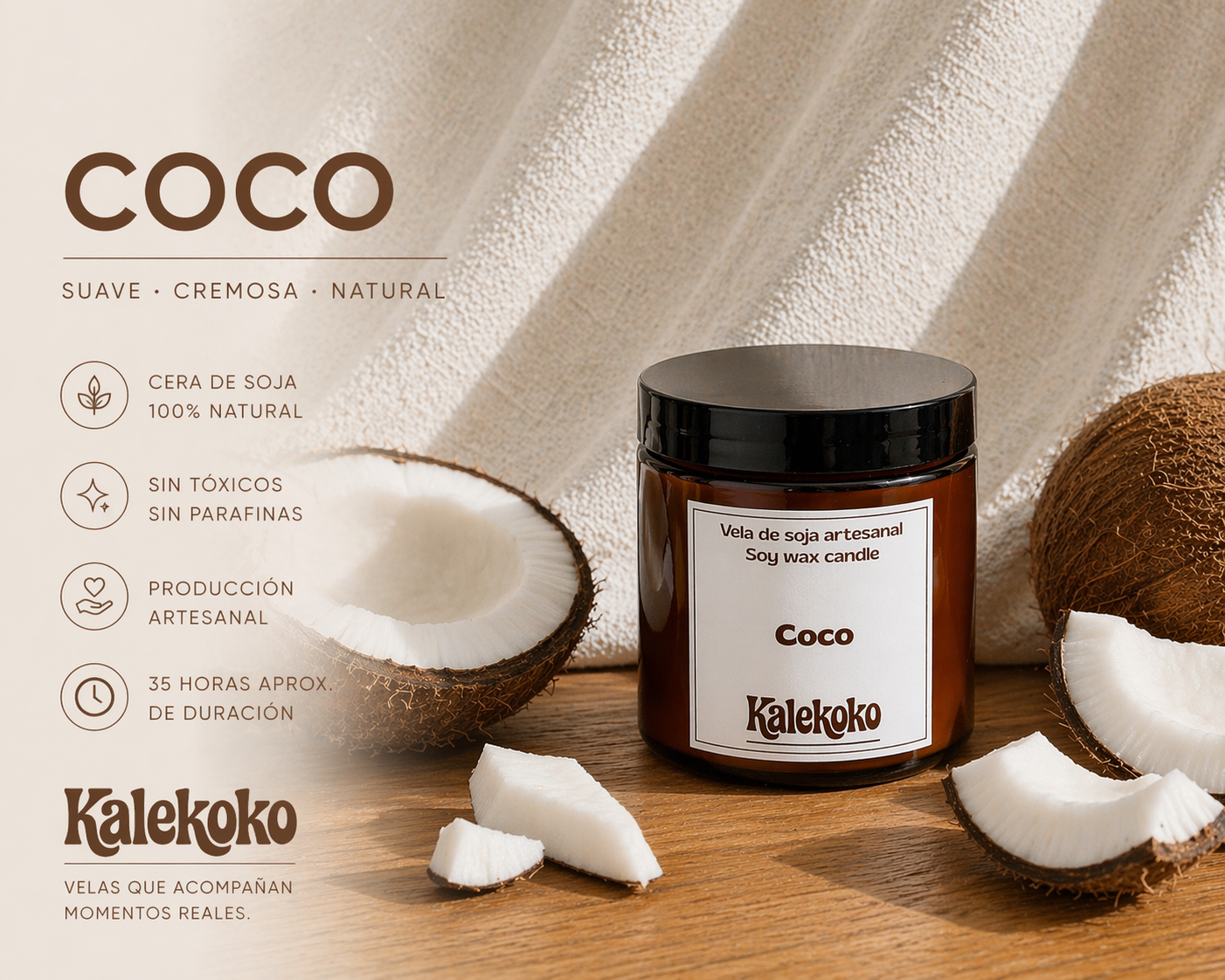 Vela de soja aroma coco | hecha a mano con cera de soja 100% natural | Kalekoko - Imagen 5