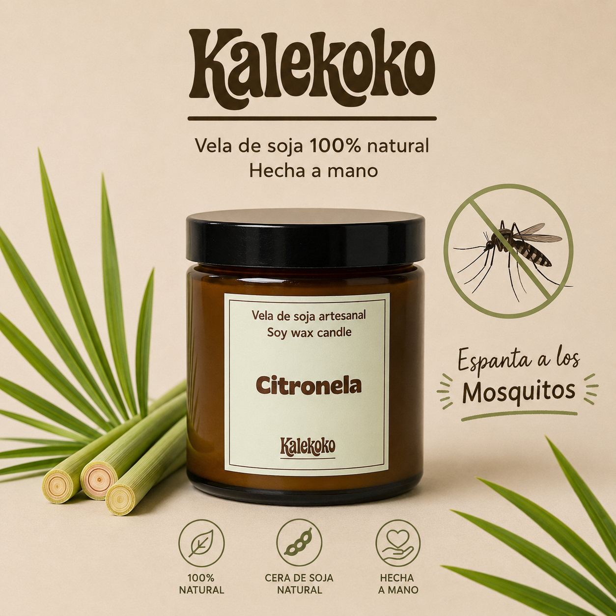 Vela de soja aroma CITRONELA | Hecha a mano con cera de soja 100% natural | Kalekoko