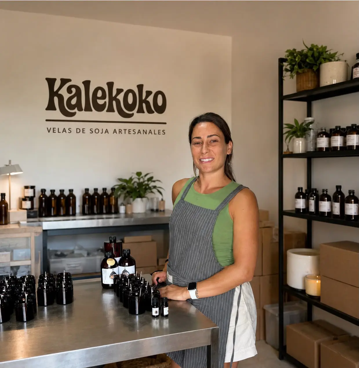 Aitana López, fundadora de Kalekoko, junto a velas artesanales de soja